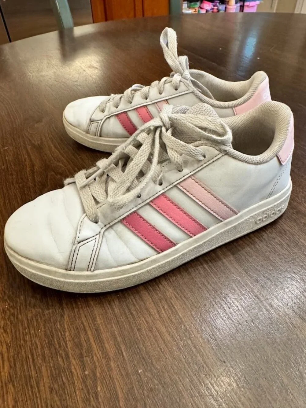 Adidas Girls Size 2 Grand Court Base White Pink Ombre Stripes Sneakers